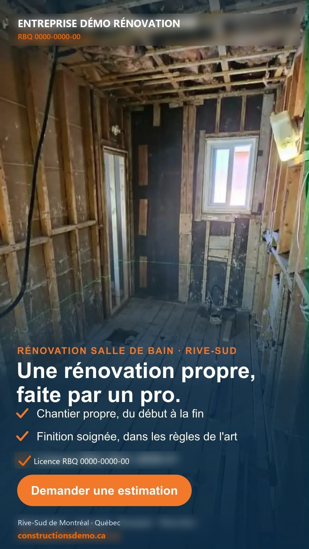 Publicité verticale 1080×1920 générée automatiquement depuis une photo de chantier : rénovation salle de bain, mention RBQ, appel à l'action