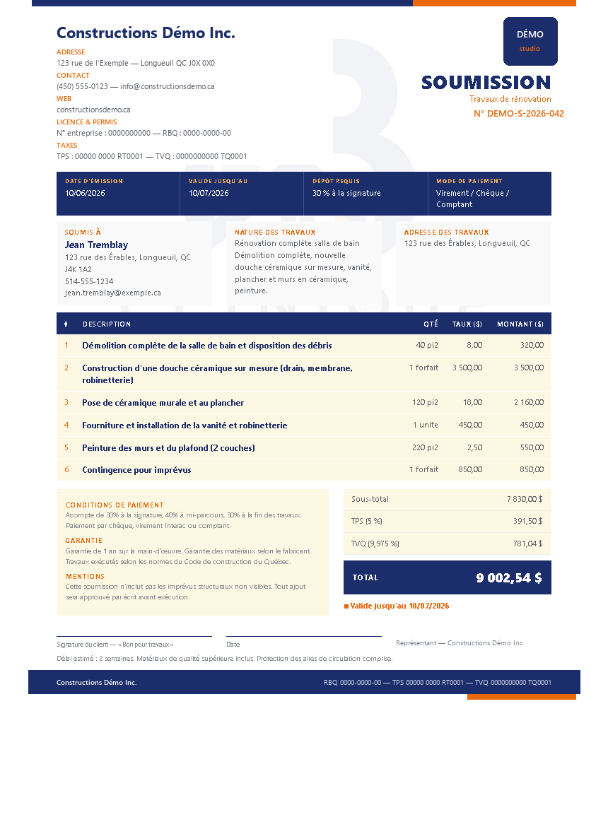 Soumission PDF générée automatiquement : démolition, douche céramique, vanité, peinture — TPS/TVQ calculées, conditions et garantie incluses
